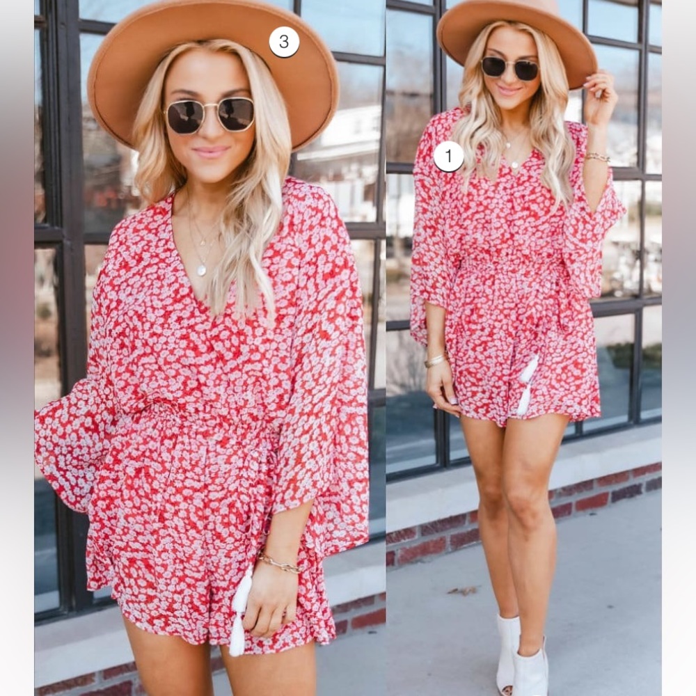 Pink Lily Red Floral Print Romper